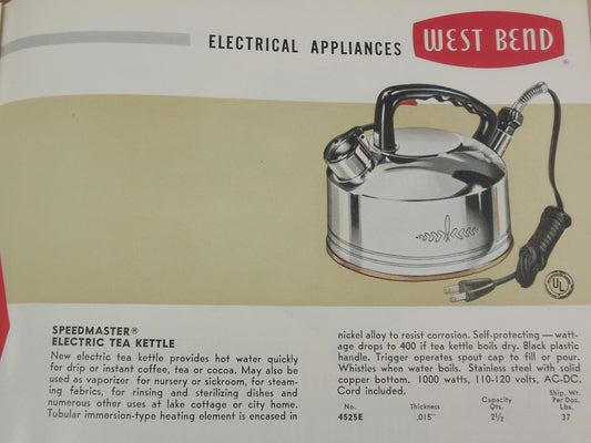 1956 West Bend Dealer Catalog Speedmaster Electric Tea Kettle