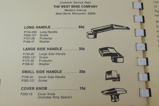 West Bend Miracle Maid 1968 Cookware Replacement Handles Knobs Chart