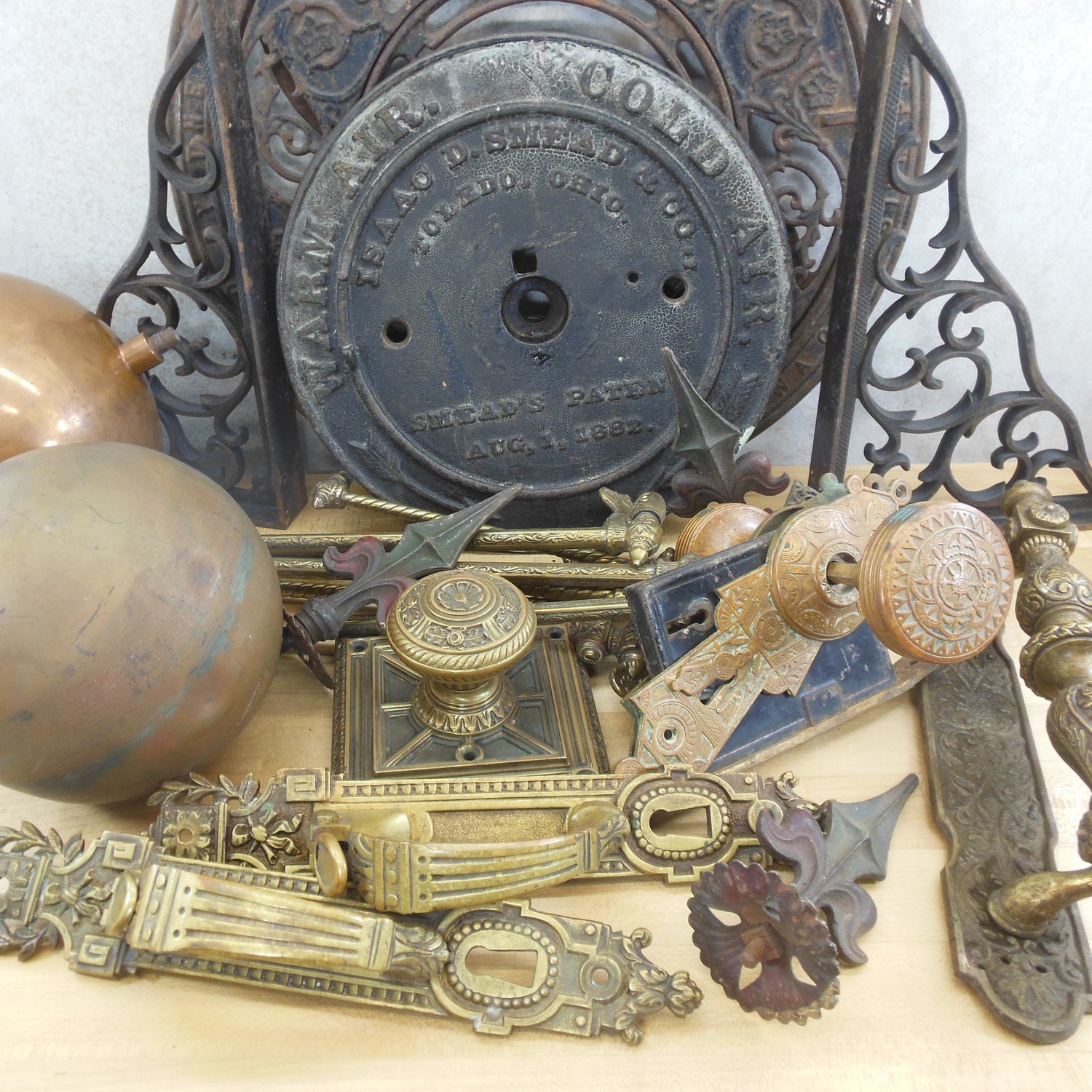 Our collection of antique, vintage and newer architectural salvage hardware for residential home and commercial properties... door lockset/hinges/parts, shelf brackets, towel rods, wood stove parts, furnace, plumbing, lamp/lighting, hinges, cabinet, etc.