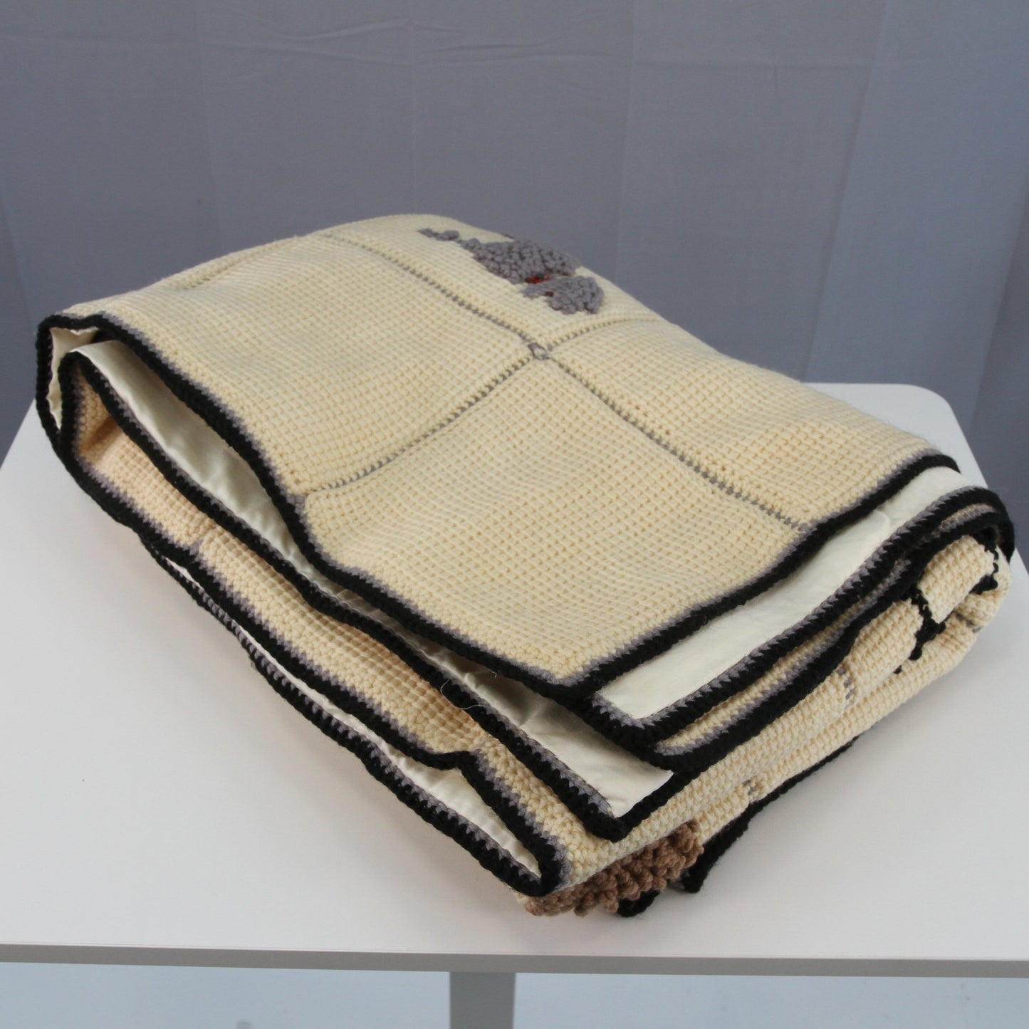 Vintage Handmade Knitted Embroidered Nine Poodles Bedcover Fully Lined 51W x 78L