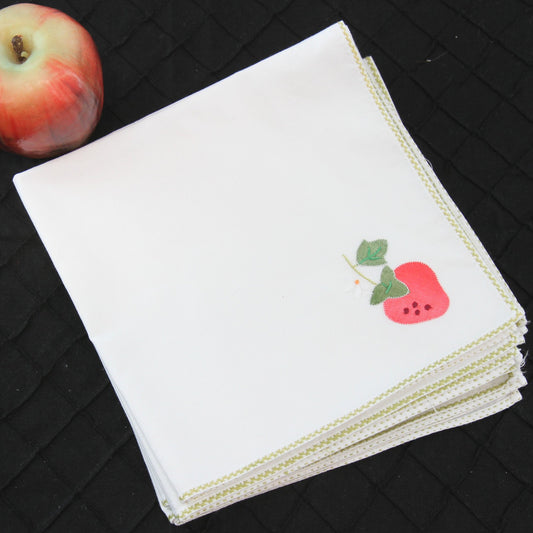 Set 6 Vintage Strawberry Applique Linen Napkins Green Hemmed Edge 15" Square