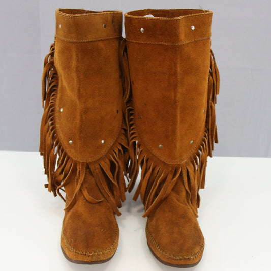 Vintage Minnetonka Womens Fringed Leather Mid Calf Moccasin  Boots Size 9