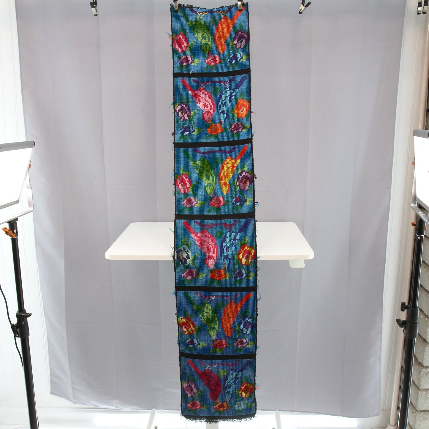 Vintage Ukrainian Woven Embroidered Table Runner Birds Flowers 54" X 10"