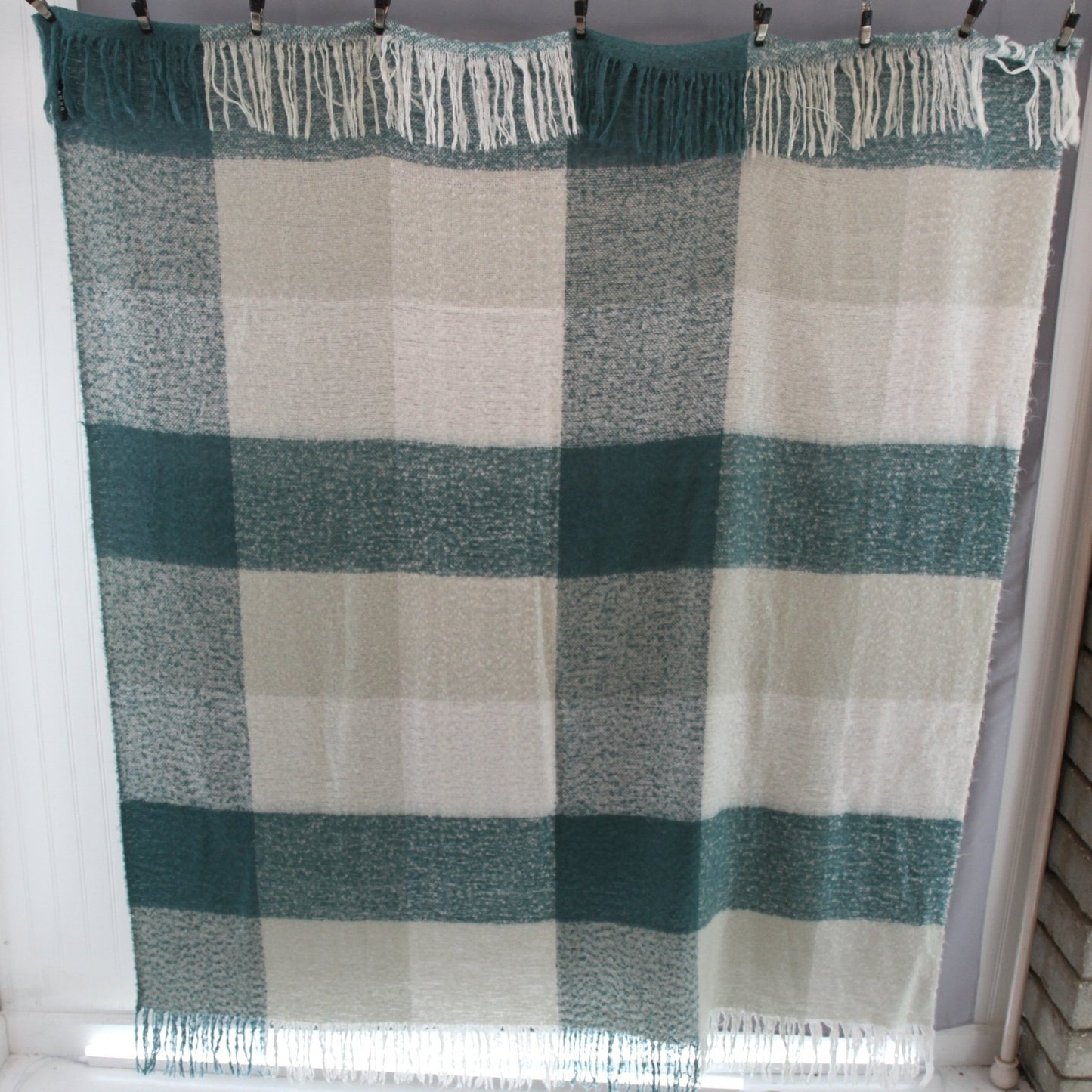 DNKY Fringed Throw Teal White Gray Checked Acrylic 52W X 60L