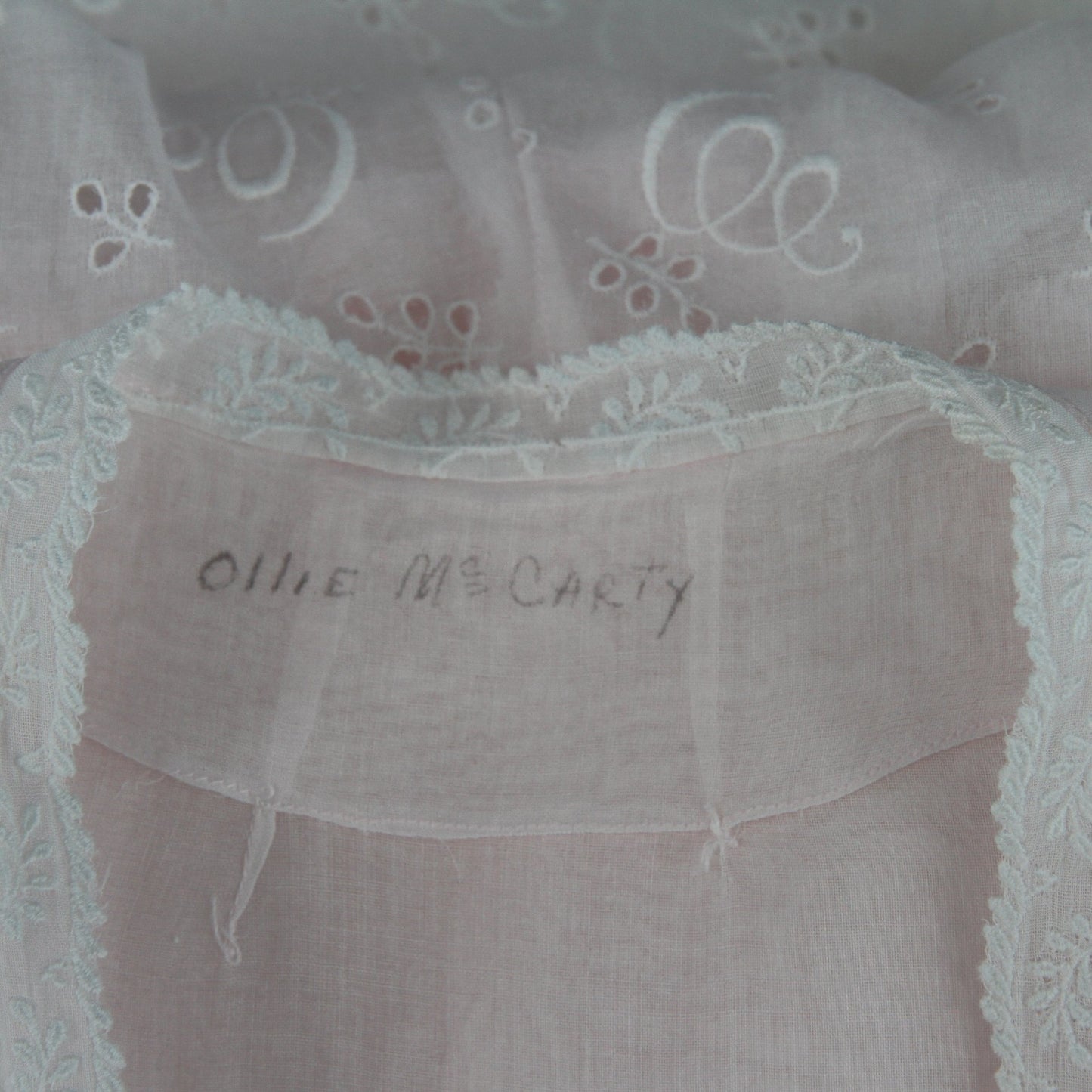 Vintage 1940s-50s Pink Organdy Embroidered Dress Lace Trim Hand Sewn Hem