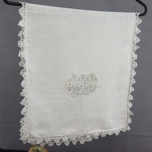 Vintage Fine Linen Table Runner Lace Inserts Drawn Work Design 30 1/2 x 14