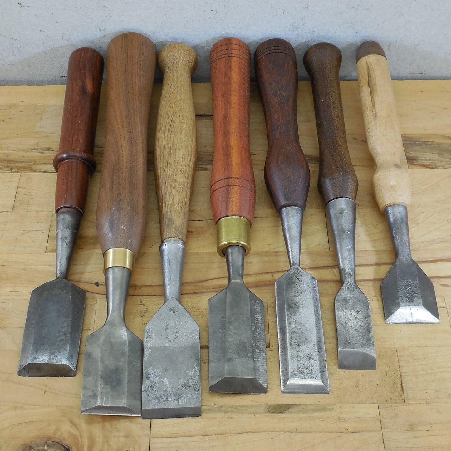 Estate Vtg. 7 Lot Wood Chisels 1"  1-1/4"  1-1/2"  Custom Steve Wus Wood Handles
