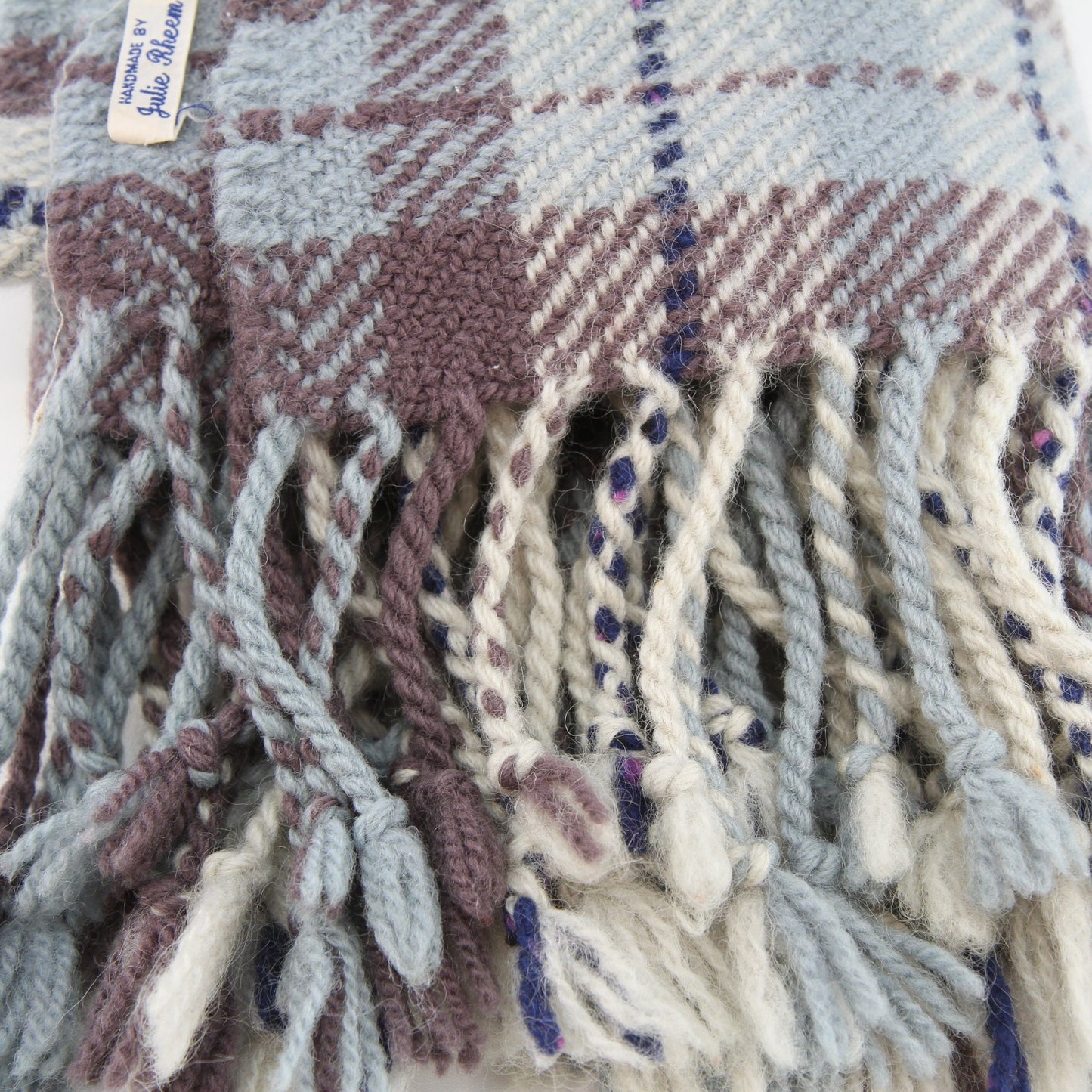 Vintage Artist Julie Rheem Handmade Wool Tartan Fringed Throw Wrap 29" X 50"