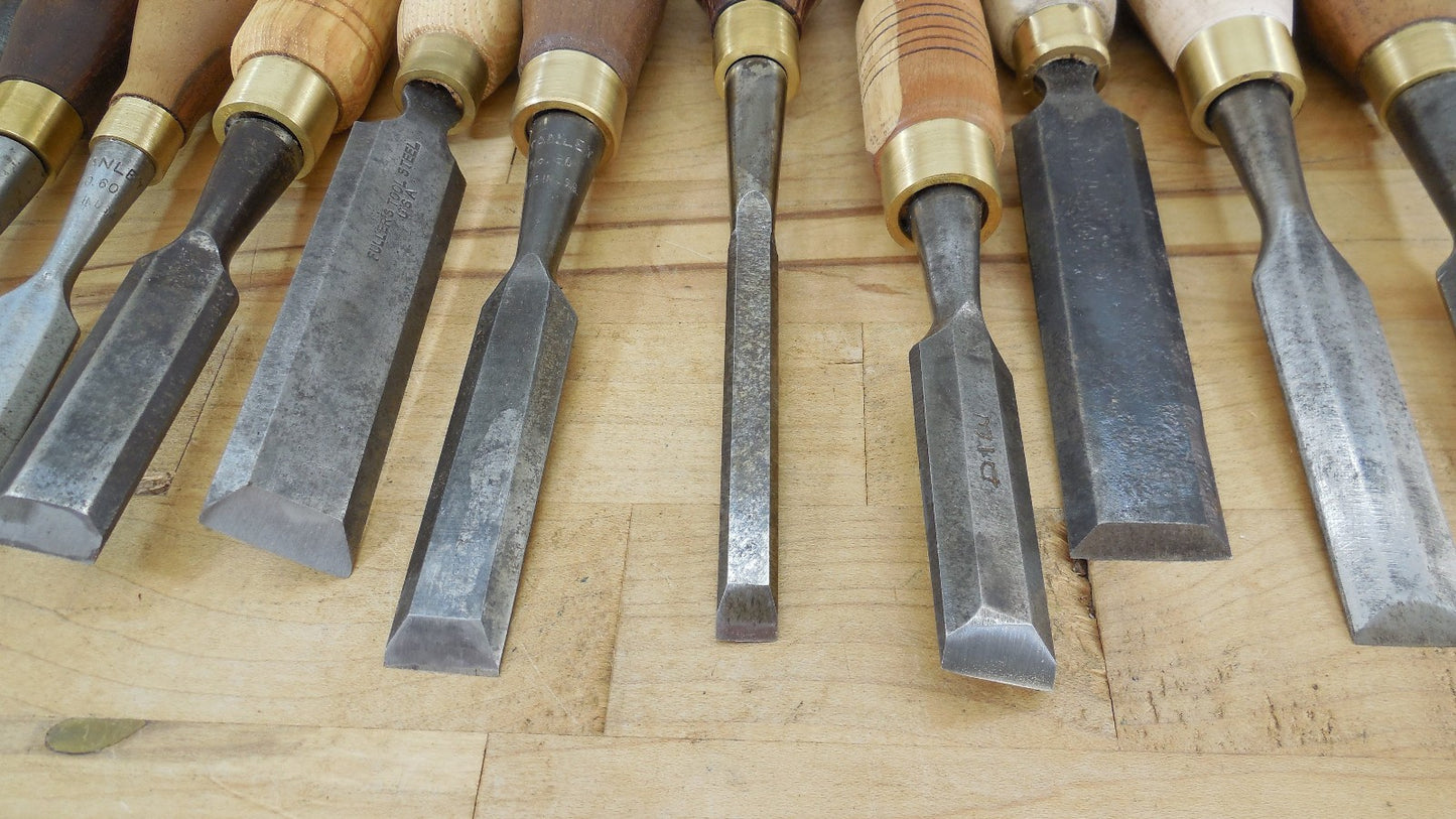 Estate 15 Vtg. Lot Tang Wood Chisels Bench With Custom Steve Wus Wood Handles