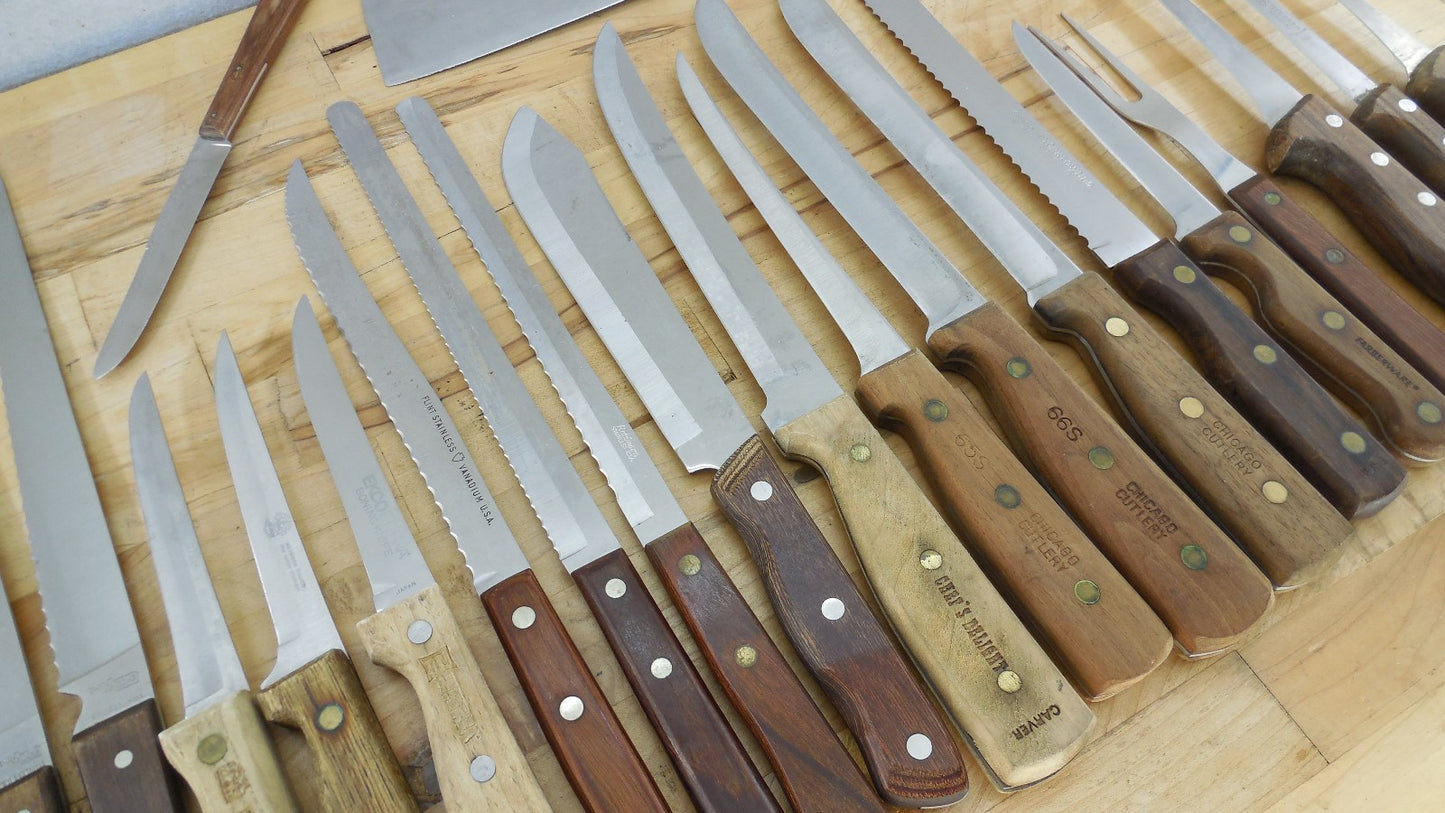 22 Lot Vtg. Wood Handle Kitchen Chef Knives Ekco Hanford Robeson Chicago Giesser