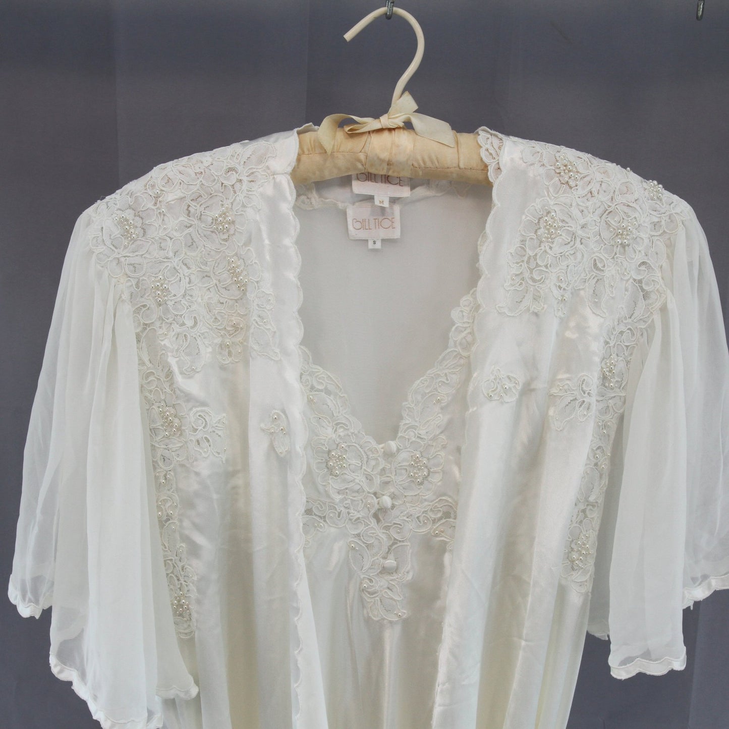 Vintage Bill Tice 1980s Gown & Negligee Peignoir White Ivory Lace Pearls S M
