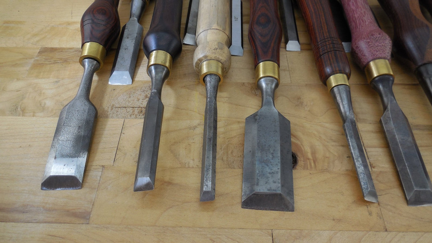 Estate 30 Vtg. Lot Tang Wood Chisels Bench With Custom Steve Wus Wood Handles