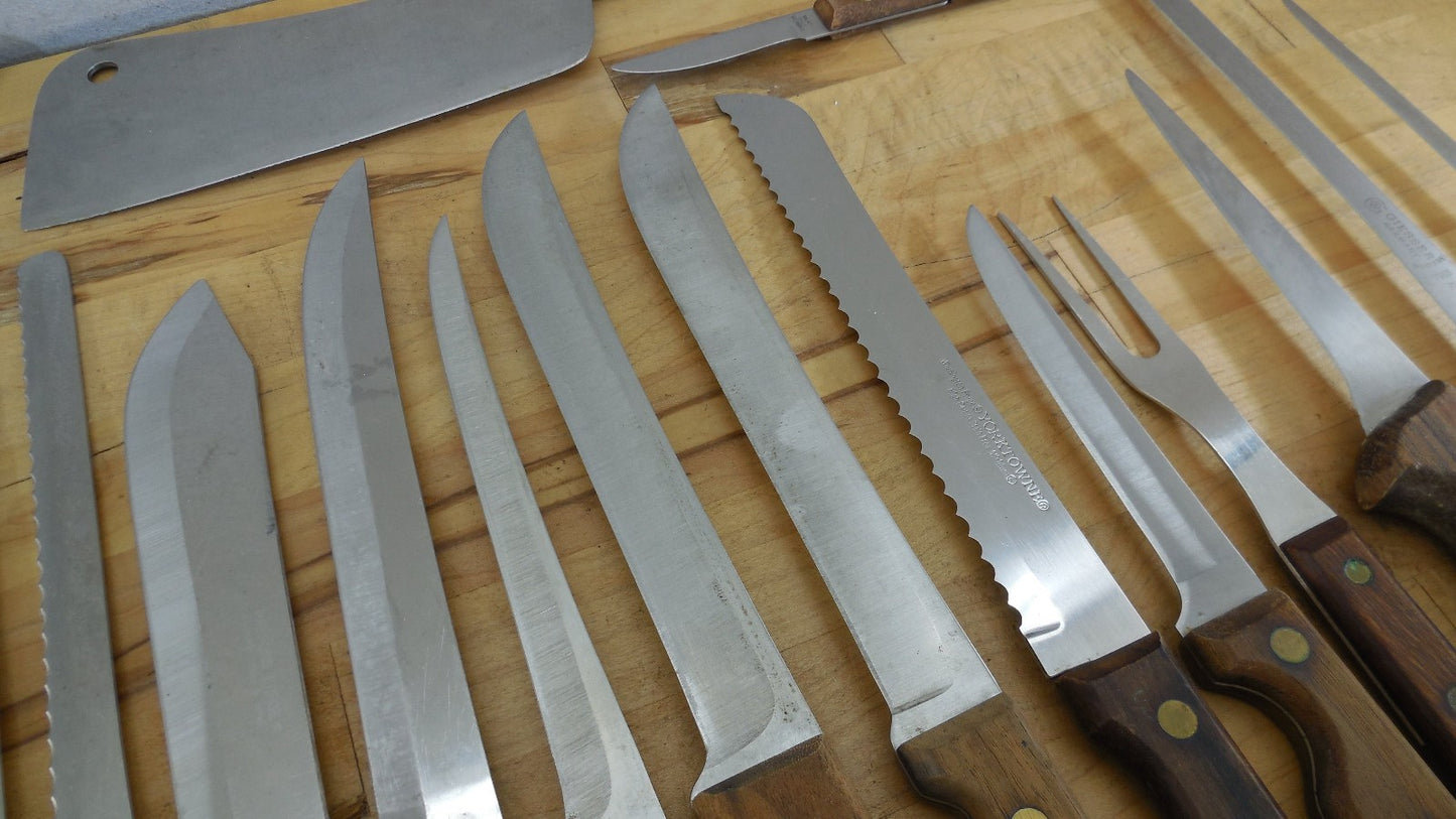 22 Lot Vtg. Wood Handle Kitchen Chef Knives Ekco Hanford Robeson Chicago Giesser