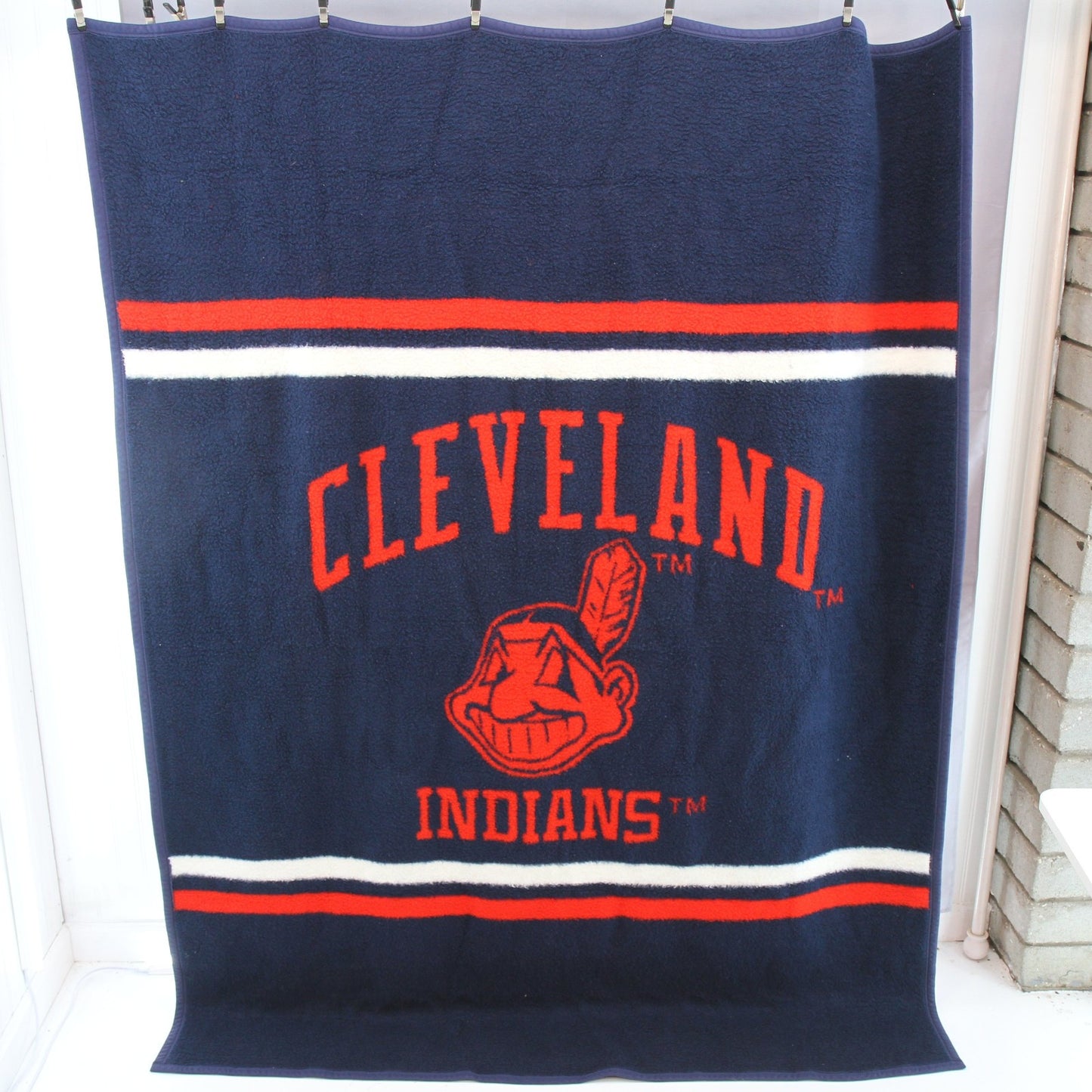 Vintage Cleveland Indians Biederlack Throw Blanket Chief Wahoo 56"W X 74"L