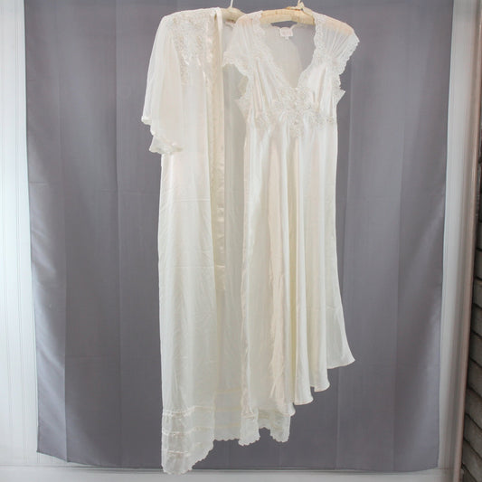 Vintage Bill Tice 1980s Gown & Negligee Peignoir White Ivory Lace Pearls S M