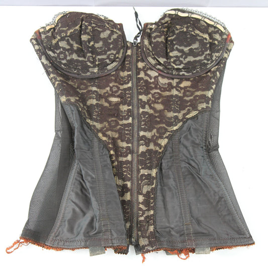 Vintage Circus Dancer Black Lace Bustier 32C Dee Zipper Hooks Metal Stays