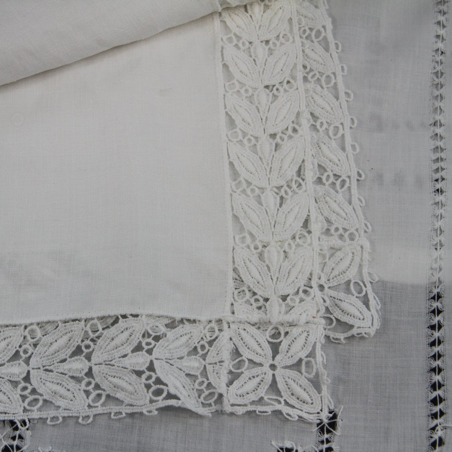Pair of Vintage White Linen Table Runners Cutwork Lace