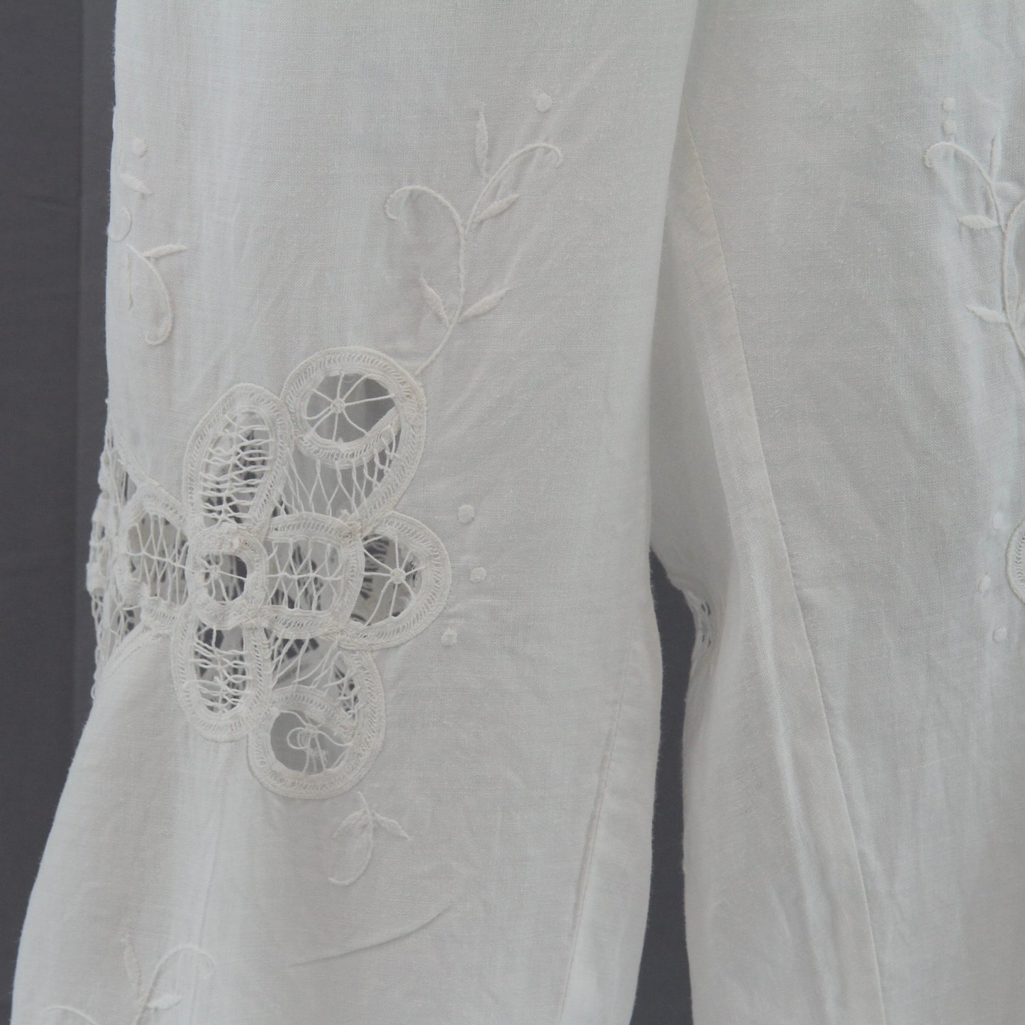 White Linen Womens Pant Suite, Matching Separates, Battenberg Lace