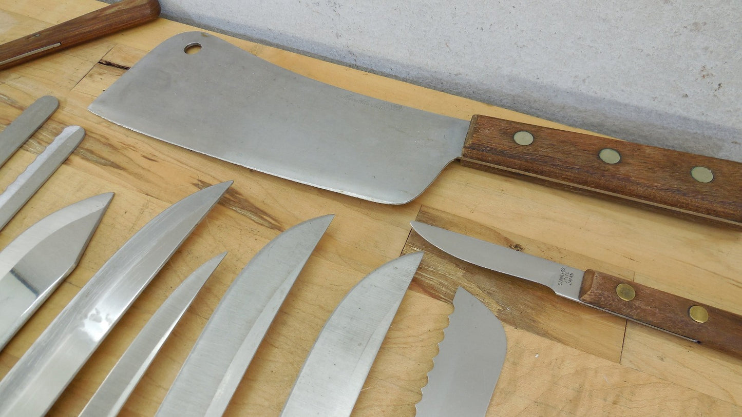 22 Lot Vtg. Wood Handle Kitchen Chef Knives Ekco Hanford Robeson Chicago Giesser