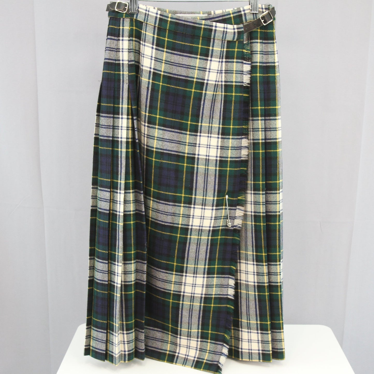 Laird-Portch Gordan Tartan Plaid Skirt Pleated Flat Front Leather Belt Waist 24"