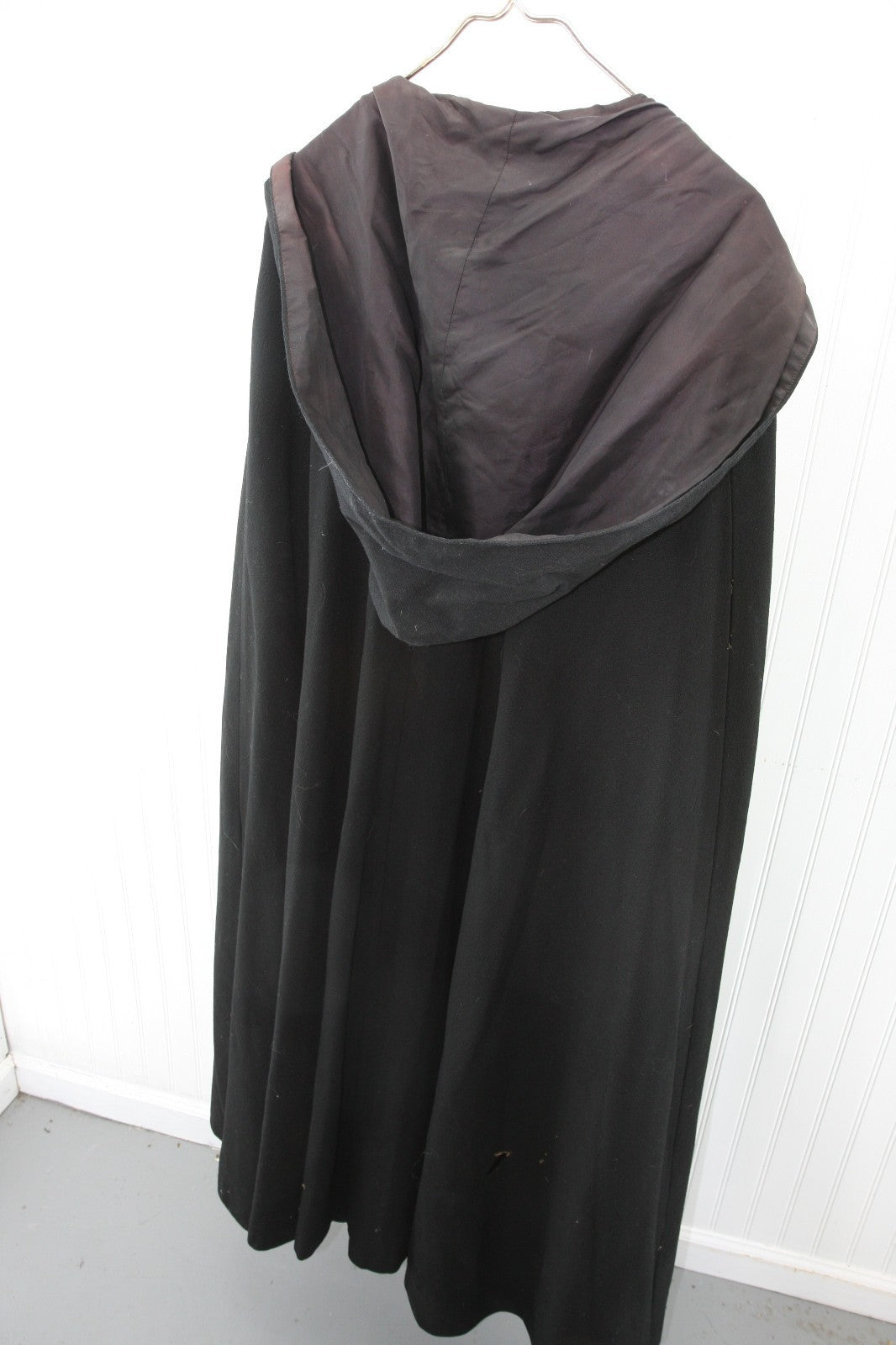 Vintage Hand Sewn Black Wool Cloak Satin Lined Theatre Stage Costume