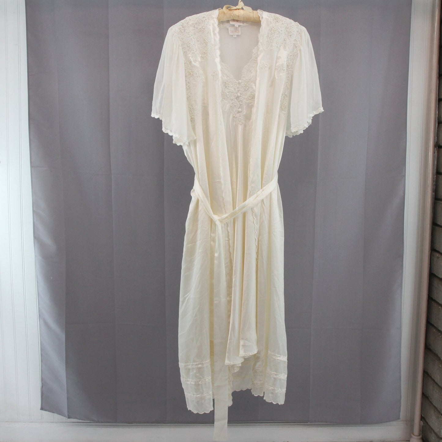 Vintage Bill Tice 1980s Gown & Negligee Peignoir White Ivory Lace Pearls S M