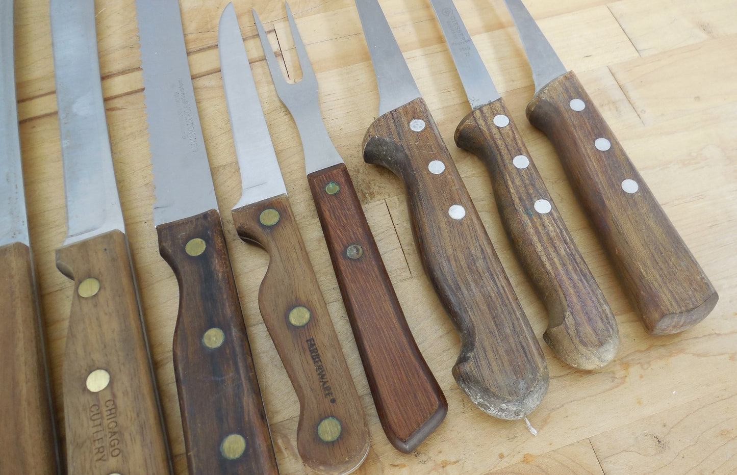 22 Lot Vtg. Wood Handle Kitchen Chef Knives Ekco Hanford Robeson Chicago Giesser