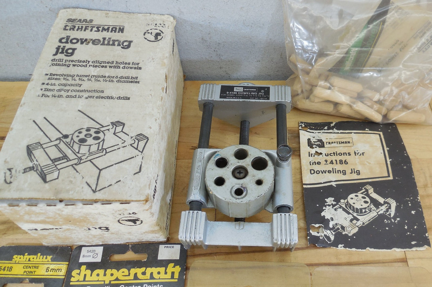 Estate Vtg. Lot Craftsman Doweling Jig Centre Points Plug Cutters Wood Dowels