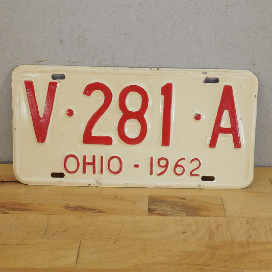 Ohio 1962 License Plate Tags - Repaint Cream Tan Red V-281-A