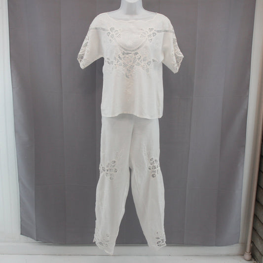 White Linen Womens Pant Suit, Matching Separates, Battenberg Lace