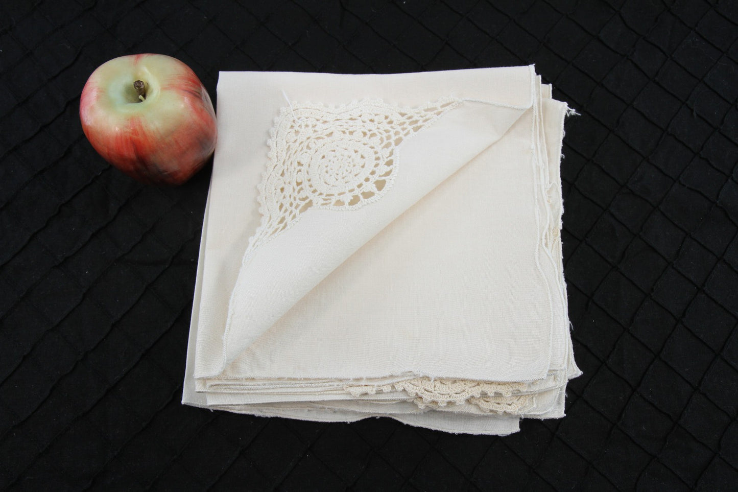 Set 8 Neutral Bone Linen Cloth Napkins With Corner Crochet 16"