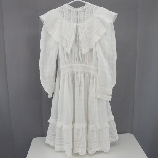 Vintage Childs White Dress Hand Made Lace Inserts Long Sleeves