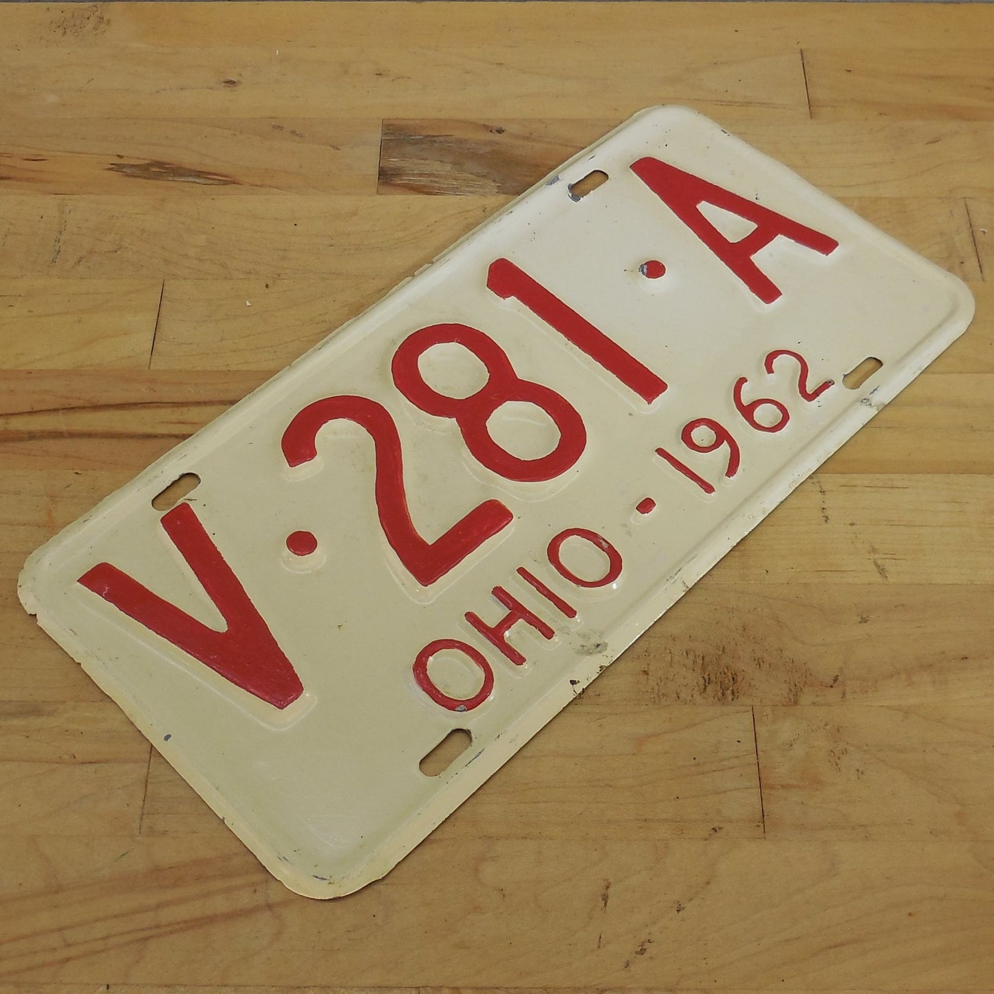 Ohio 1962 License Plate Tags - Repaint Cream Tan Red V-281-A