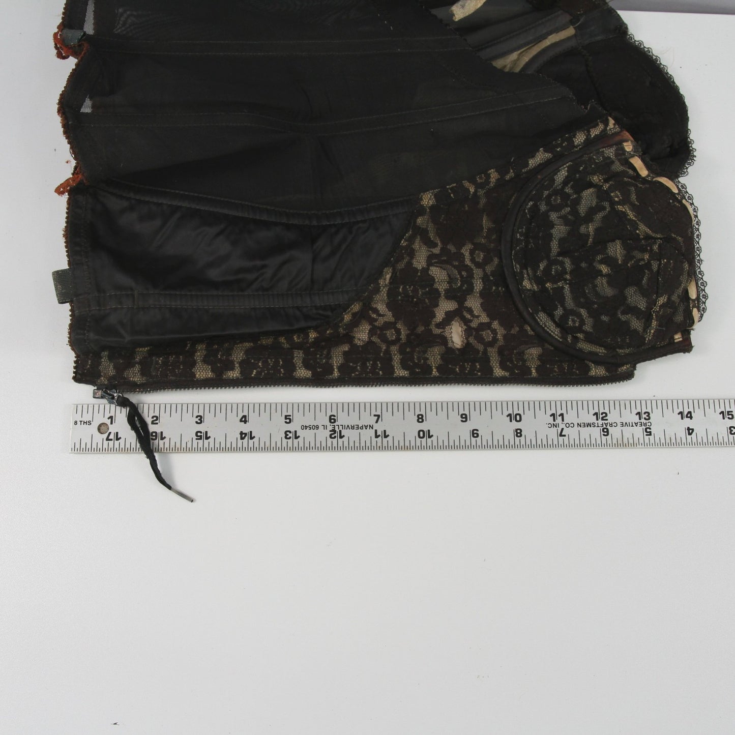 Vintage Circus Dancer Black Lace Bustier 32C Dee Zipper Hooks Metal Stays