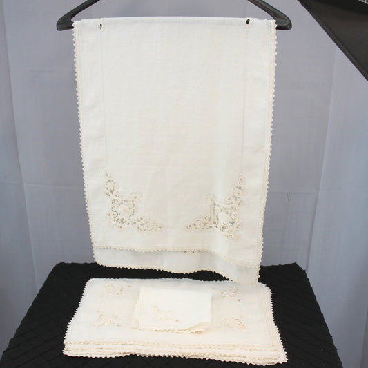 Set Vintage Table Linens-  1 Table Runner- 7 Placemats Battenburg Lace Insets