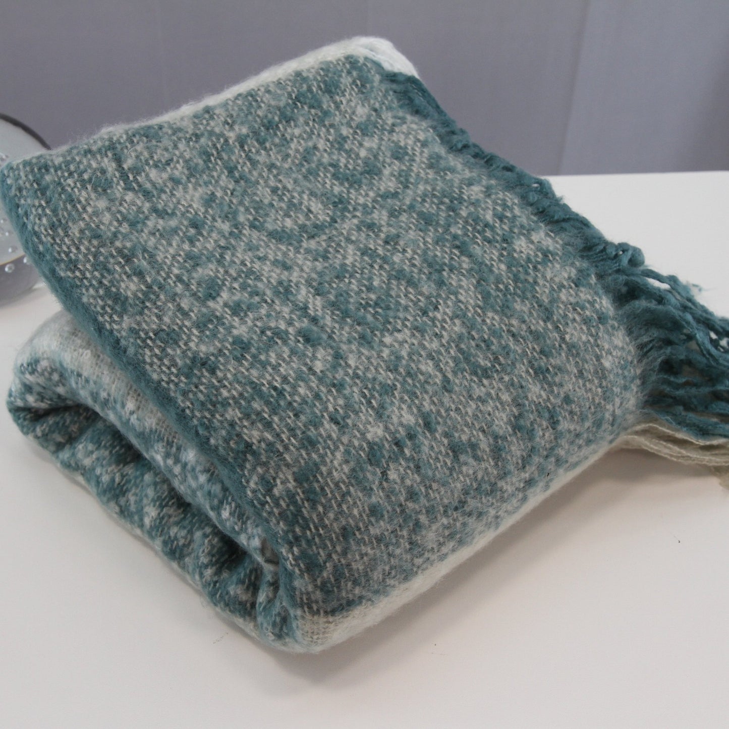 DNKY Fringed Throw Teal White Gray Checked Acrylic 52W X 60L