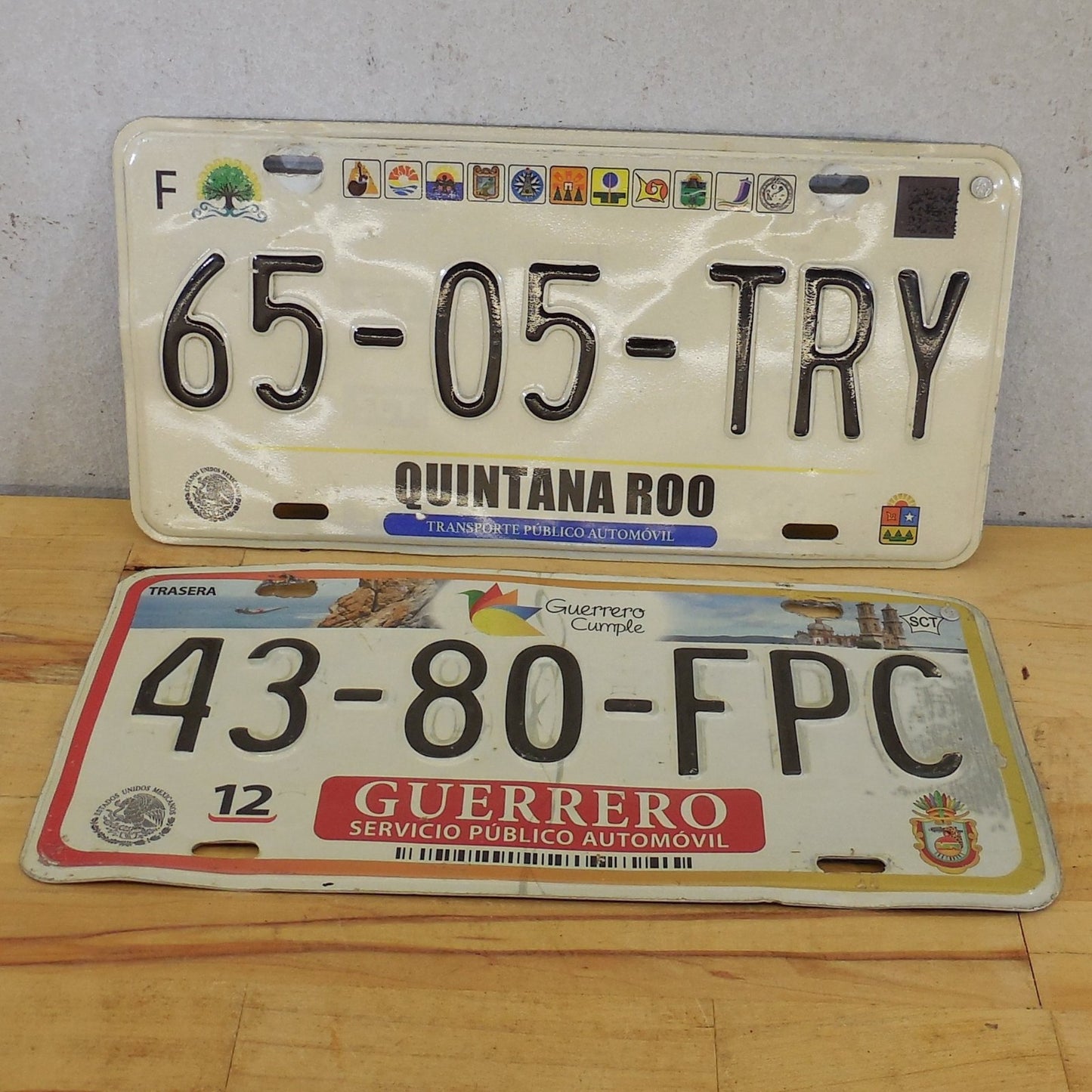 2 Lot Mexico License Plate Tags - Guerrero 43-80-FPC Quintana Roo 65-05-TRY