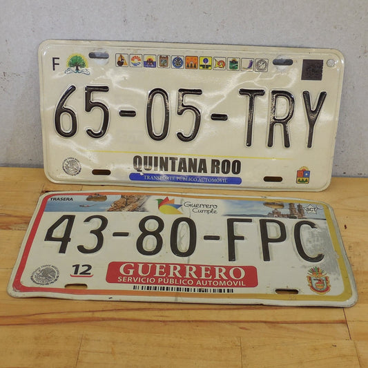2 Lot Mexico License Plate Tags - Guerrero 43-80-FPC Quintana Roo 65-05-TRY