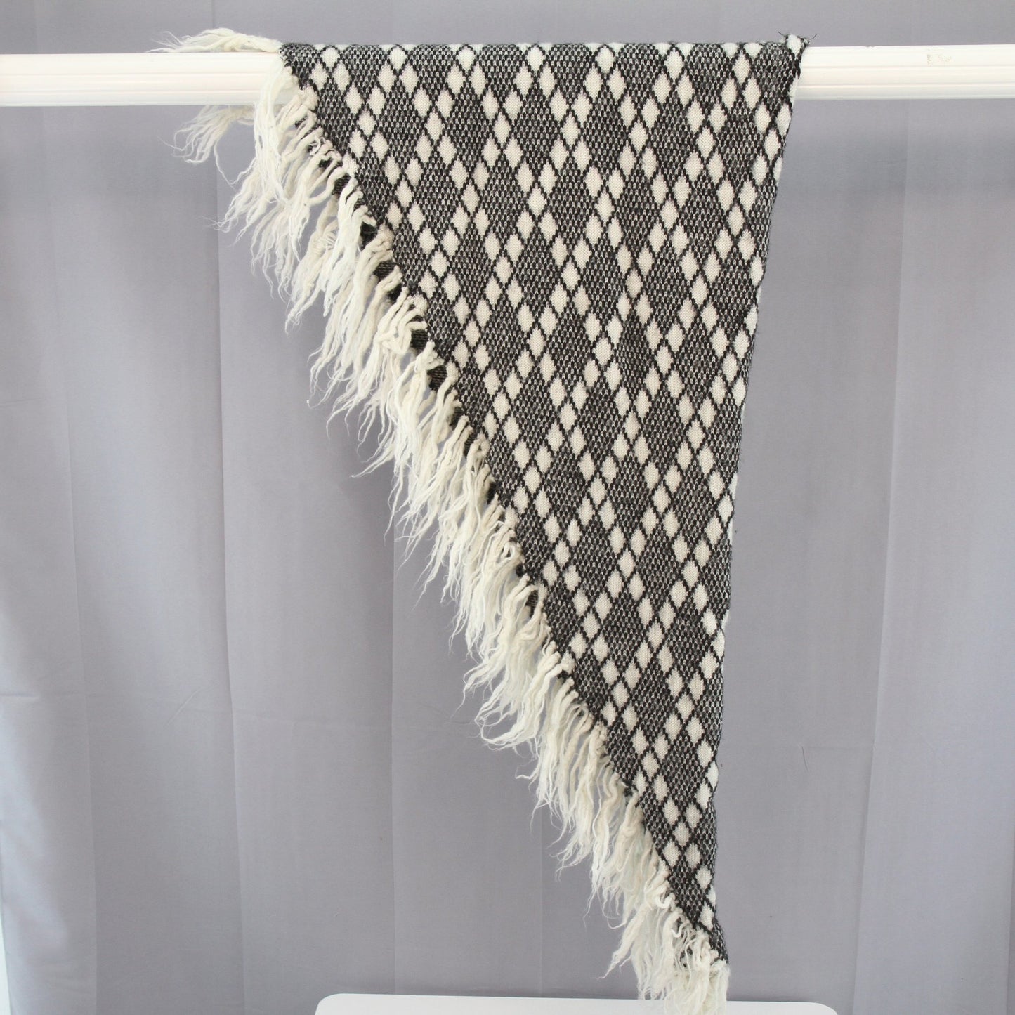 Herrgard-Stick Wool Cape Wrap Hand Knit Fringed Black White Sweden 76"
