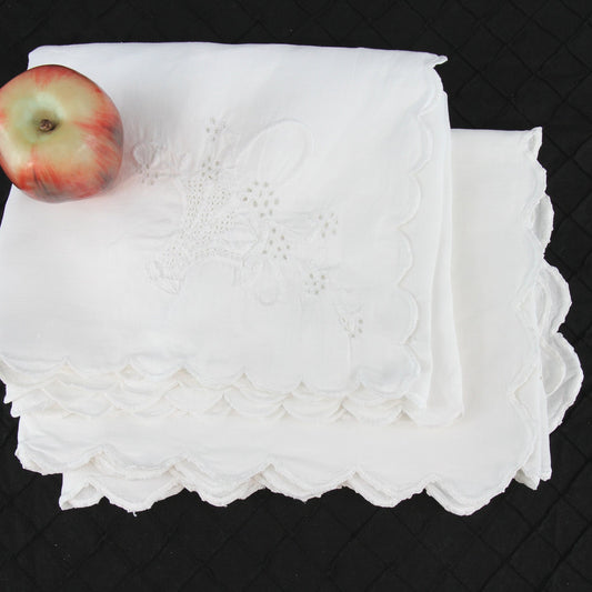 Pair Vintage Linen Table Runners Satin Stitch Baskets Butterflys Embroidered 42"