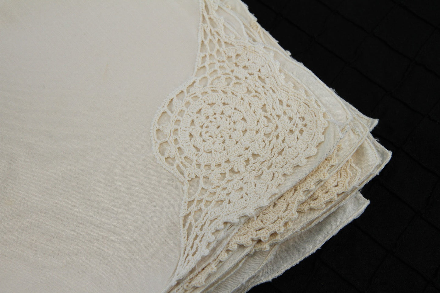 Set 8 Neutral Bone Linen Cloth Napkins With Corner Crochet 16"