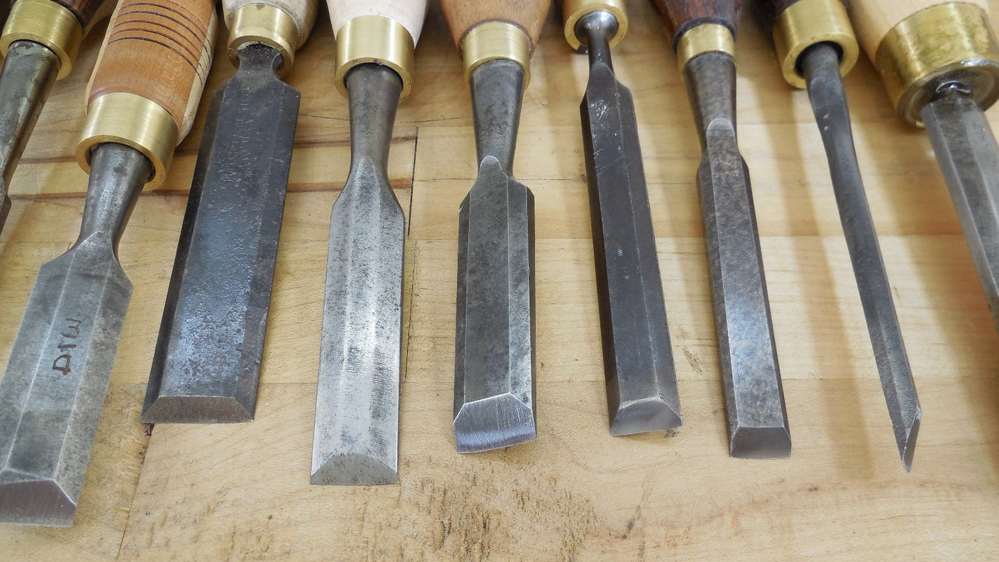 Estate 15 Vtg. Lot Tang Wood Chisels Bench With Custom Steve Wus Wood Handles