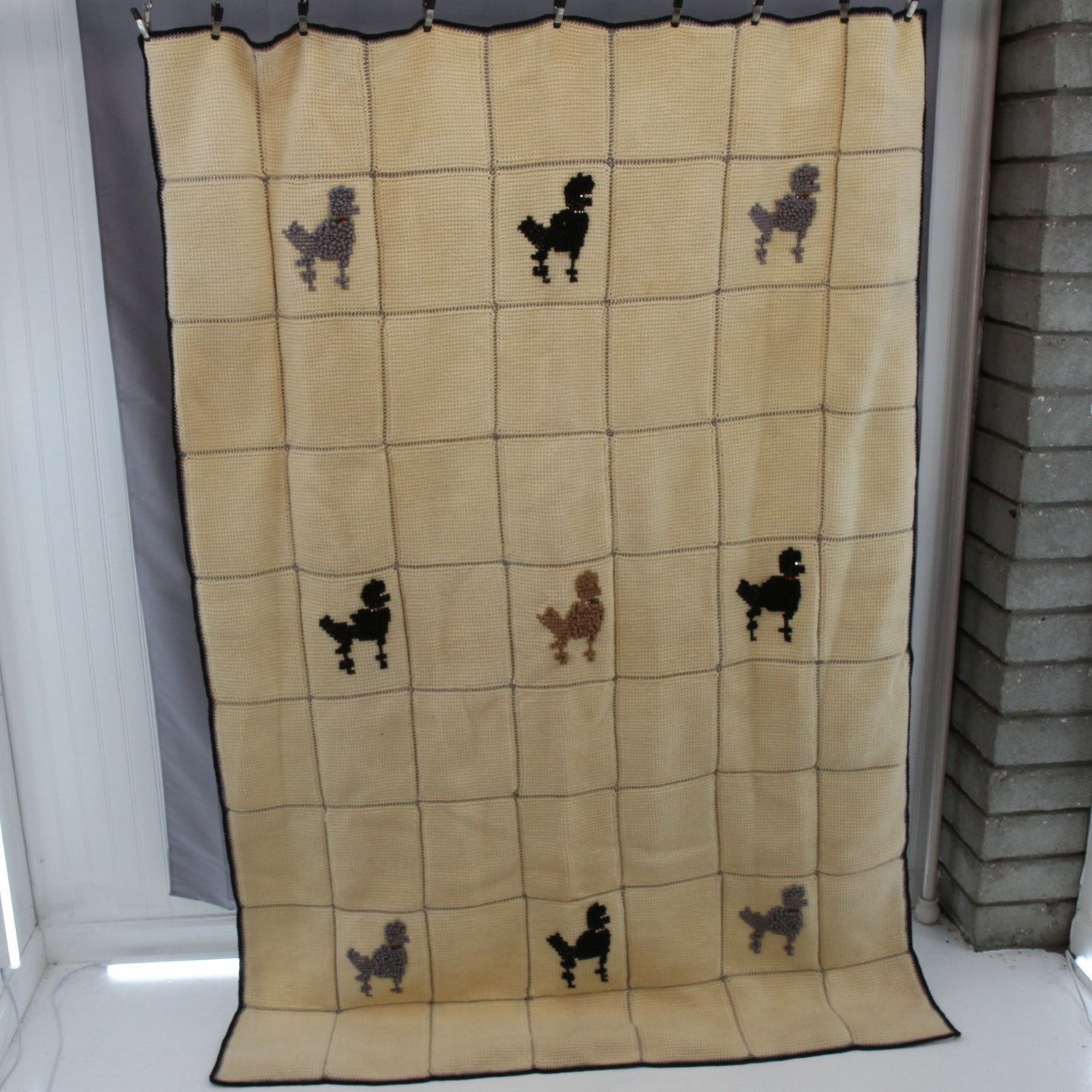 Vintage Handmade Knitted Embroidered Nine Poodles Bedcover Fully Lined 51W x 78L