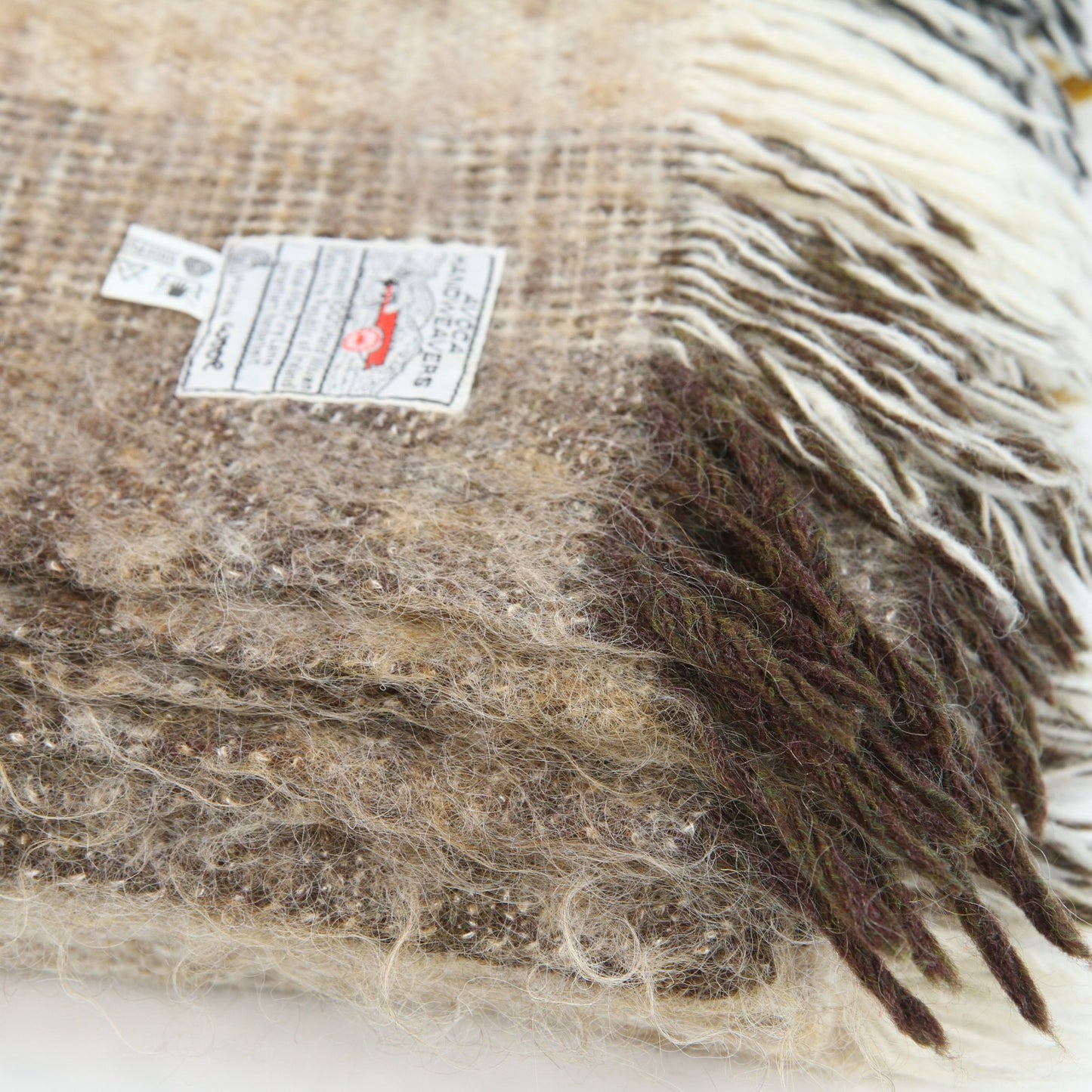 Avoca Handweavers Brown Beige Plaid Wool Throw Afghan Ireland 51"W X 66"L