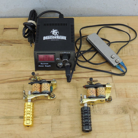 Dragonhawk Tattoo Pair Gold Plated Coil Machines & Power Suppy Untested