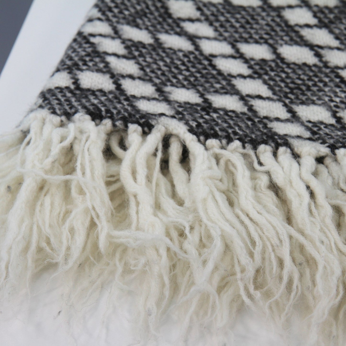 Herrgard-Stick Wool Cape Wrap Hand Knit Fringed Black White Sweden 76"