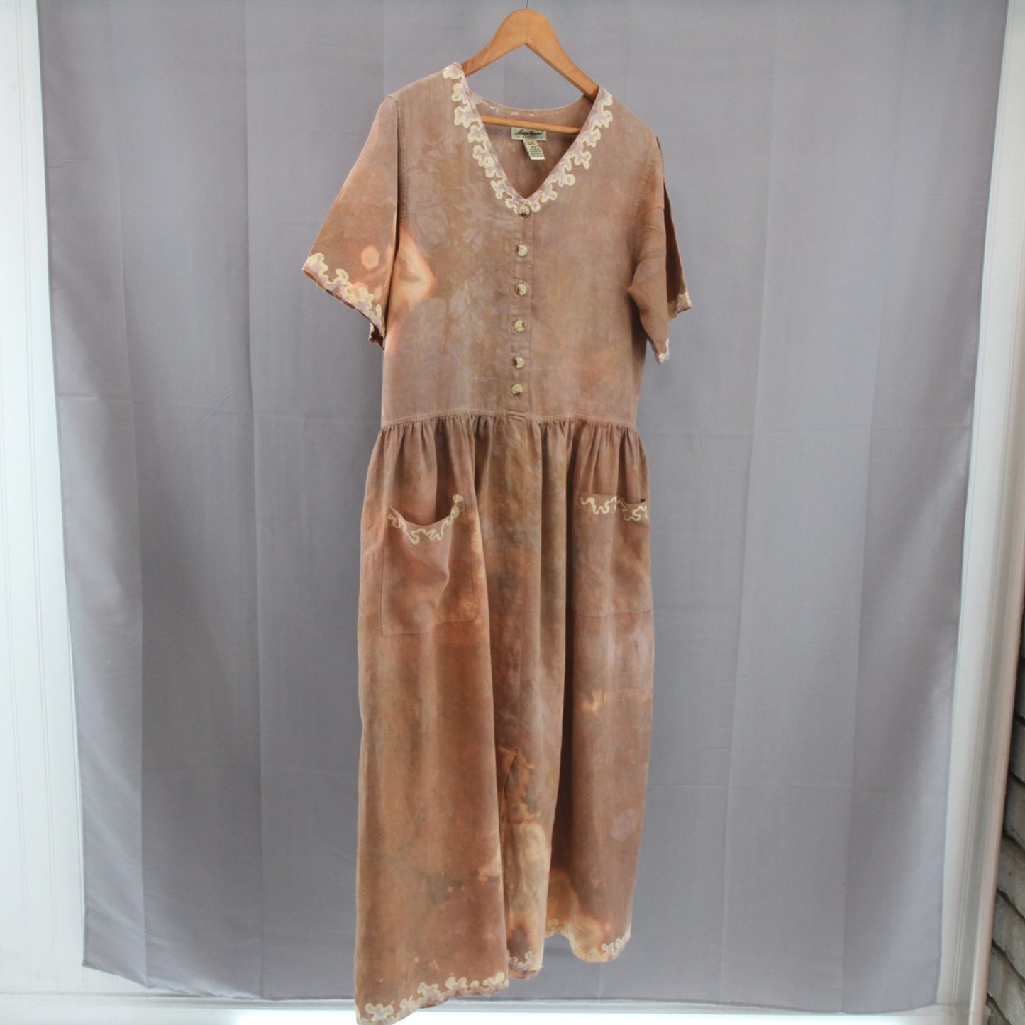Vintage Eddie Bauer Womens Tied Dye Linen Dress Drop Waist Hong Kong M/M