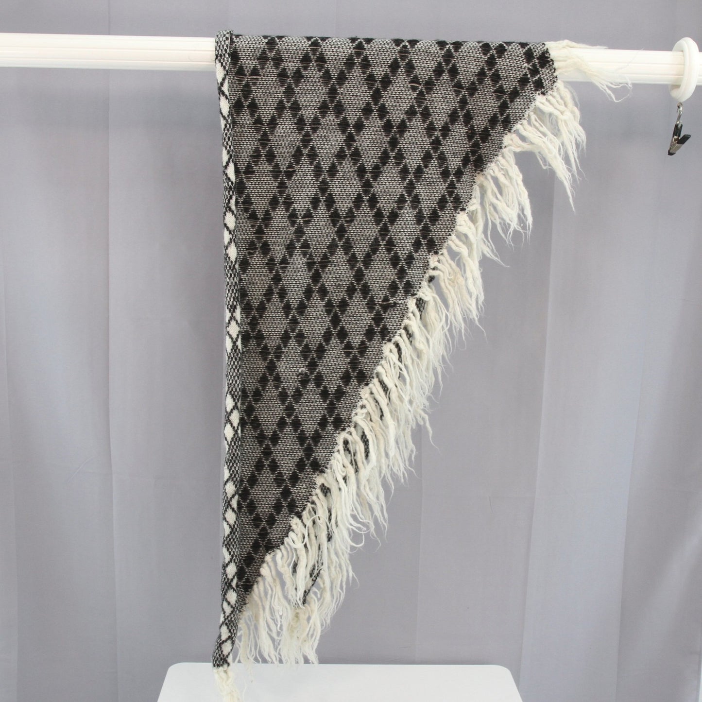 Herrgard-Stick Wool Cape Wrap Hand Knit Fringed Black White Sweden 76"