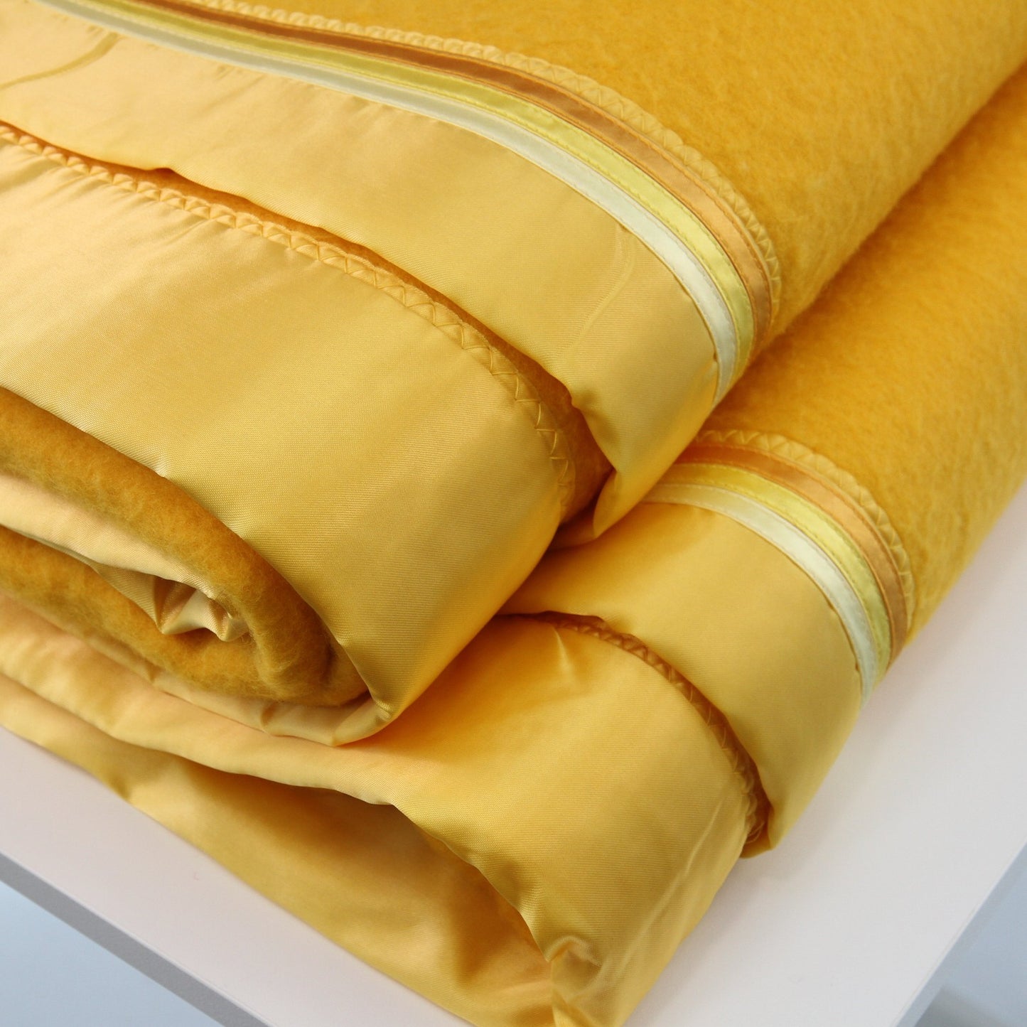 Vintage JC Penney Yellow/Gold Blanket 3 Stripe Faux Piped Binding  88"W X 90"L