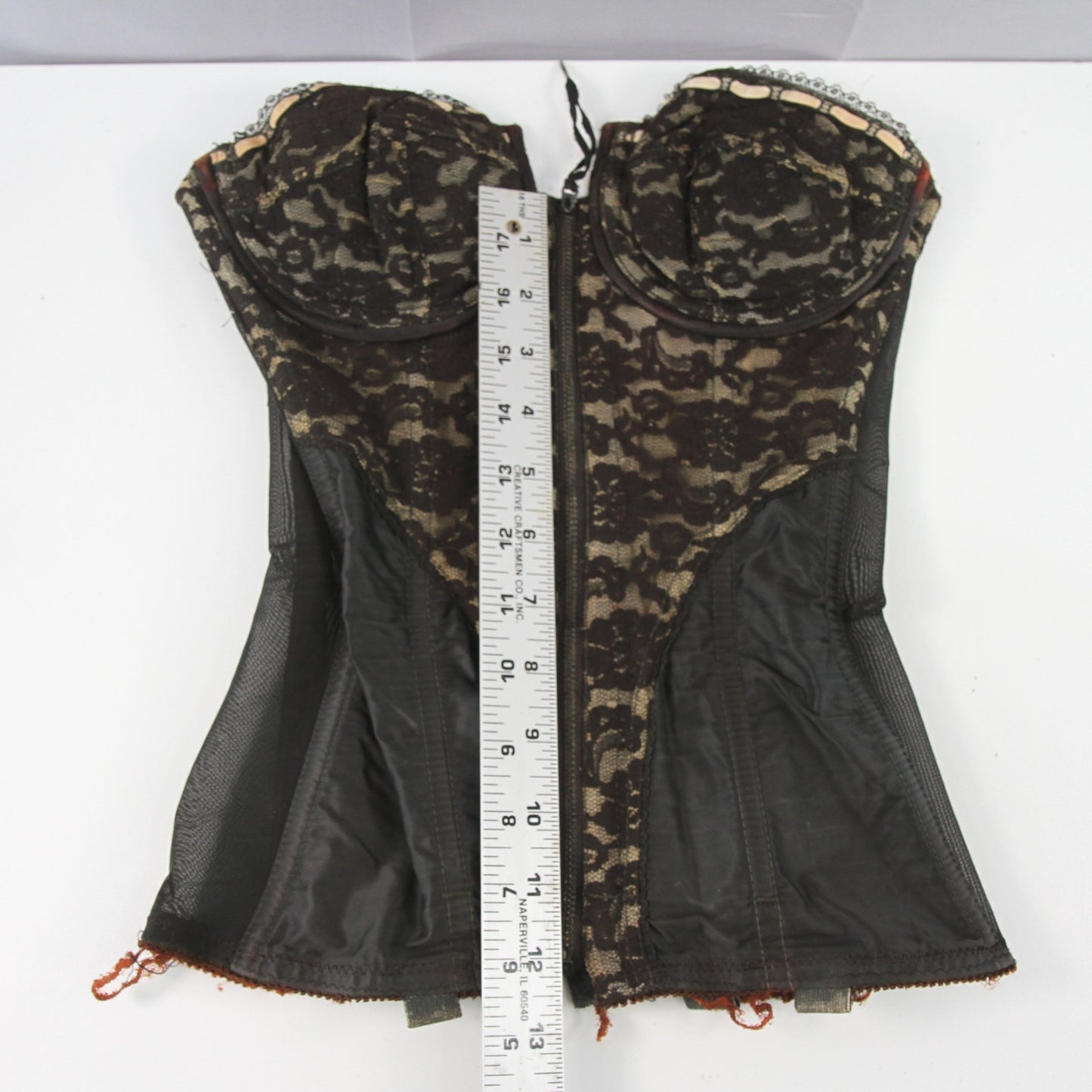 Vintage Circus Dancer Black Lace Bustier 32C Dee Zipper Hooks Metal Stays